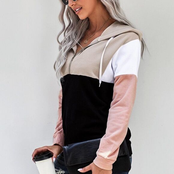 Hoodie Sweater Sweatshirt pink cotton color block quarter zip pullover - Picture 7 of 16